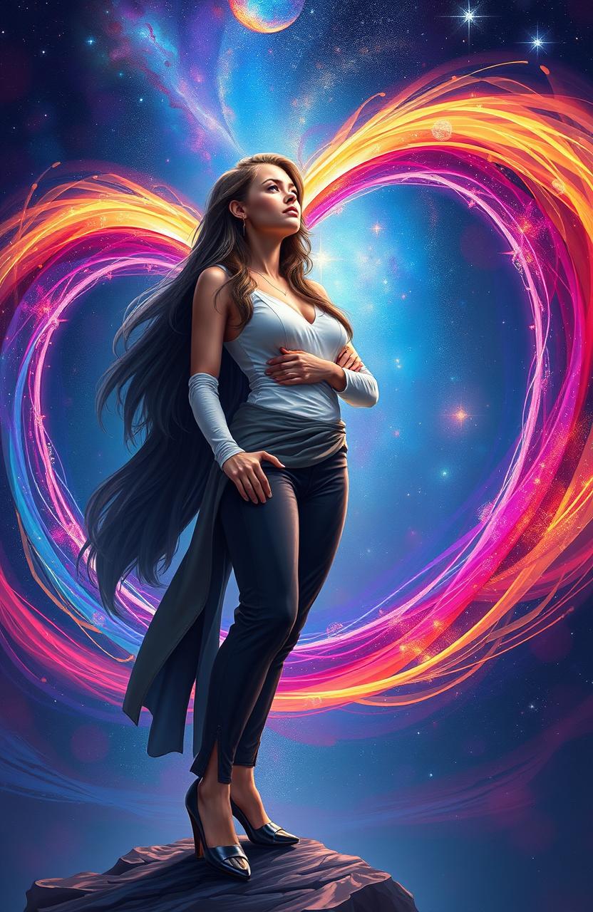 A captivating digital painting reflecting the theme of infinite possibilities and empowerment, featuring a strong, confident woman standing amidst a swirling infinity symbol made of vibrant colors