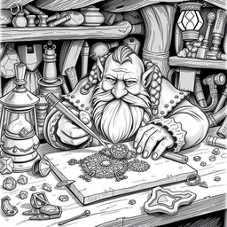A beautifully detailed black and white drawing of a dwarf meticulously crafting jewelry in a cozy workshop