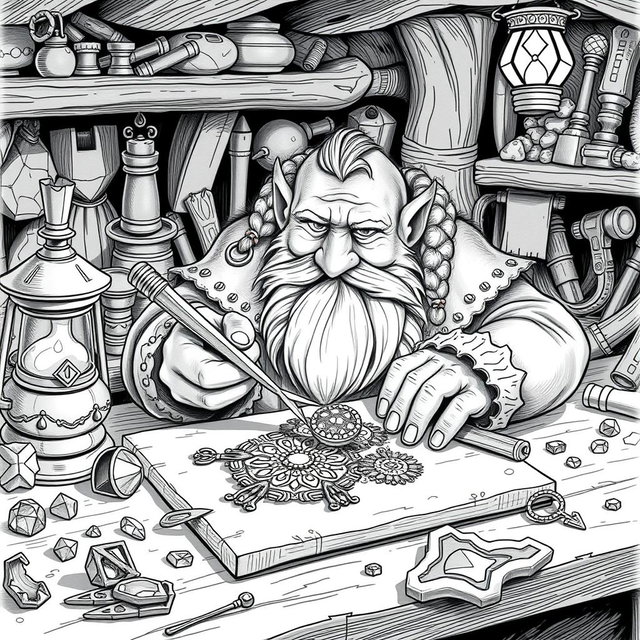 A beautifully detailed black and white drawing of a dwarf meticulously crafting jewelry in a cozy workshop