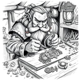A beautifully detailed black and white drawing of a dwarf meticulously crafting jewelry in a cozy workshop