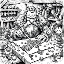 A beautifully detailed black and white drawing of a dwarf meticulously crafting jewelry in a cozy workshop