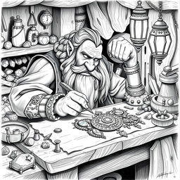 A beautifully detailed black and white drawing of a dwarf meticulously crafting jewelry in a cozy workshop