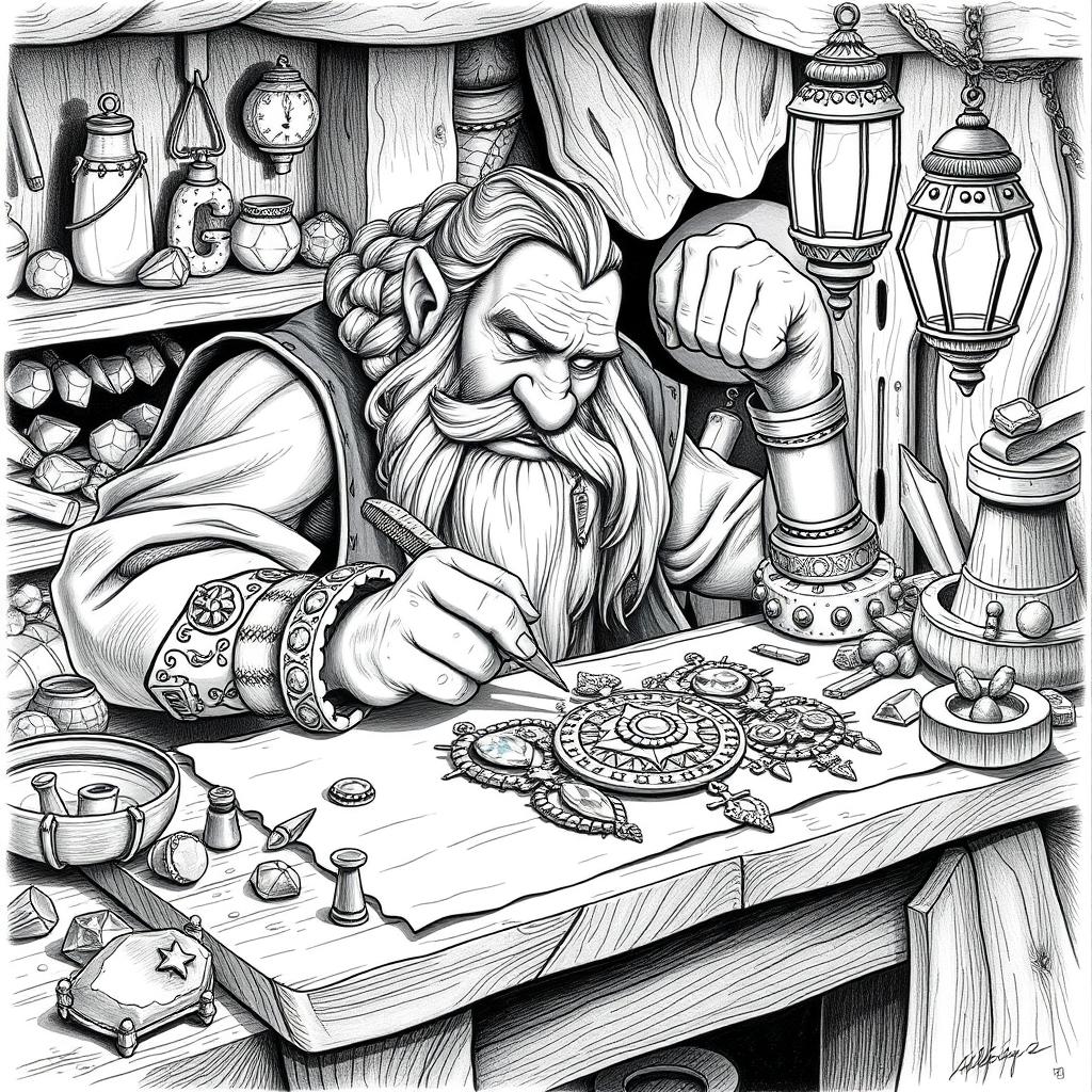 A beautifully detailed black and white drawing of a dwarf meticulously crafting jewelry in a cozy workshop