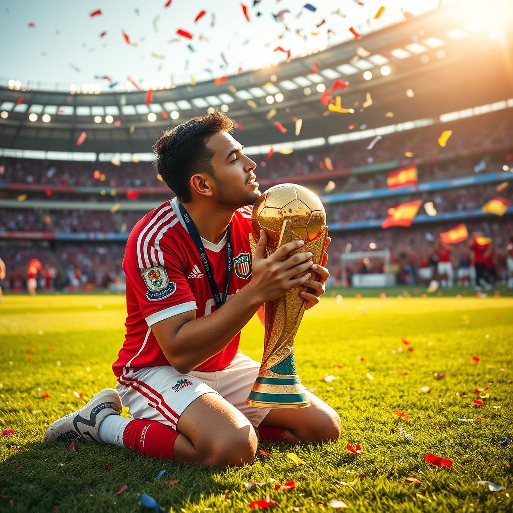 A jubilant scene of a male soccer fan kneeling on the grass, passionately kissing the FIFA World Cup trophy in his hands