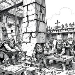 A highly detailed black and white drawing of a group of dwarves working together to build a towering stone structure in a bustling construction site