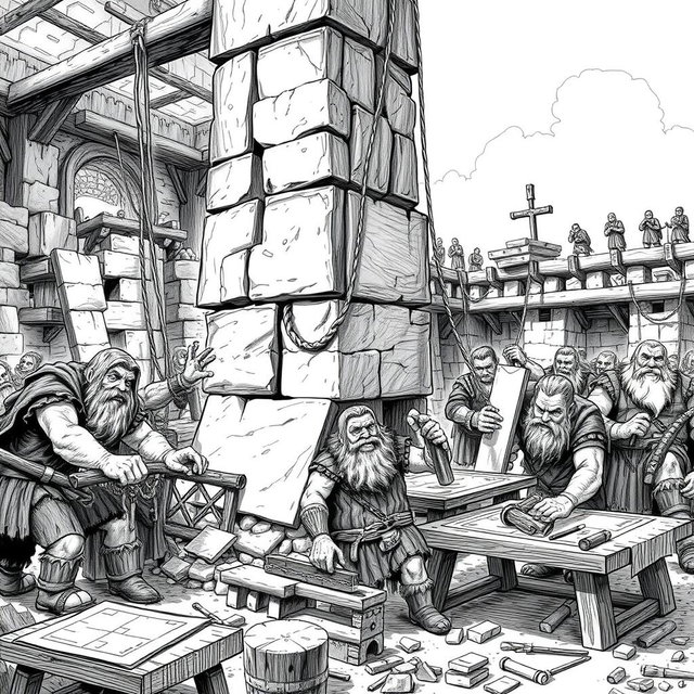 A highly detailed black and white drawing of a group of dwarves working together to build a towering stone structure in a bustling construction site