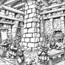 A highly detailed black and white drawing of a group of dwarves working together to build a towering stone structure in a bustling construction site
