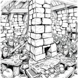 A highly detailed black and white drawing of a group of dwarves working together to build a towering stone structure in a bustling construction site