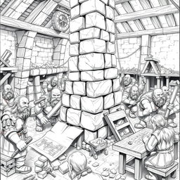 A highly detailed black and white drawing of a group of dwarves working together to build a towering stone structure in a bustling construction site