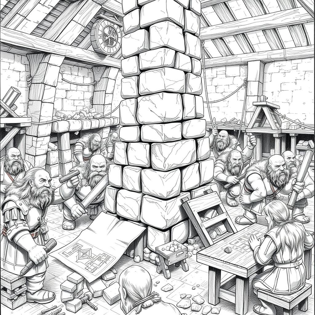 A highly detailed black and white drawing of a group of dwarves working together to build a towering stone structure in a bustling construction site