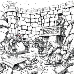 A highly detailed black and white drawing of a group of dwarves actively building a sturdy fort in a rugged landscape
