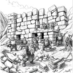 A highly detailed black and white drawing of a group of dwarves actively building a sturdy fort in a rugged landscape