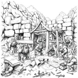 A highly detailed black and white drawing of a group of dwarves actively building a sturdy fort in a rugged landscape