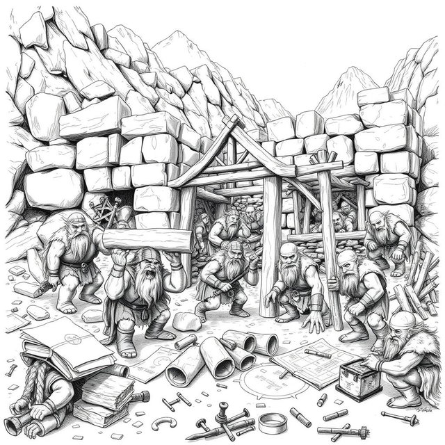A highly detailed black and white drawing of a group of dwarves actively building a sturdy fort in a rugged landscape