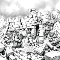 A highly detailed black and white drawing of a group of dwarves actively building a sturdy fort in a rugged landscape