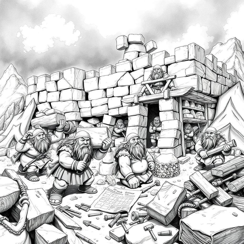 A highly detailed black and white drawing of a group of dwarves actively building a sturdy fort in a rugged landscape