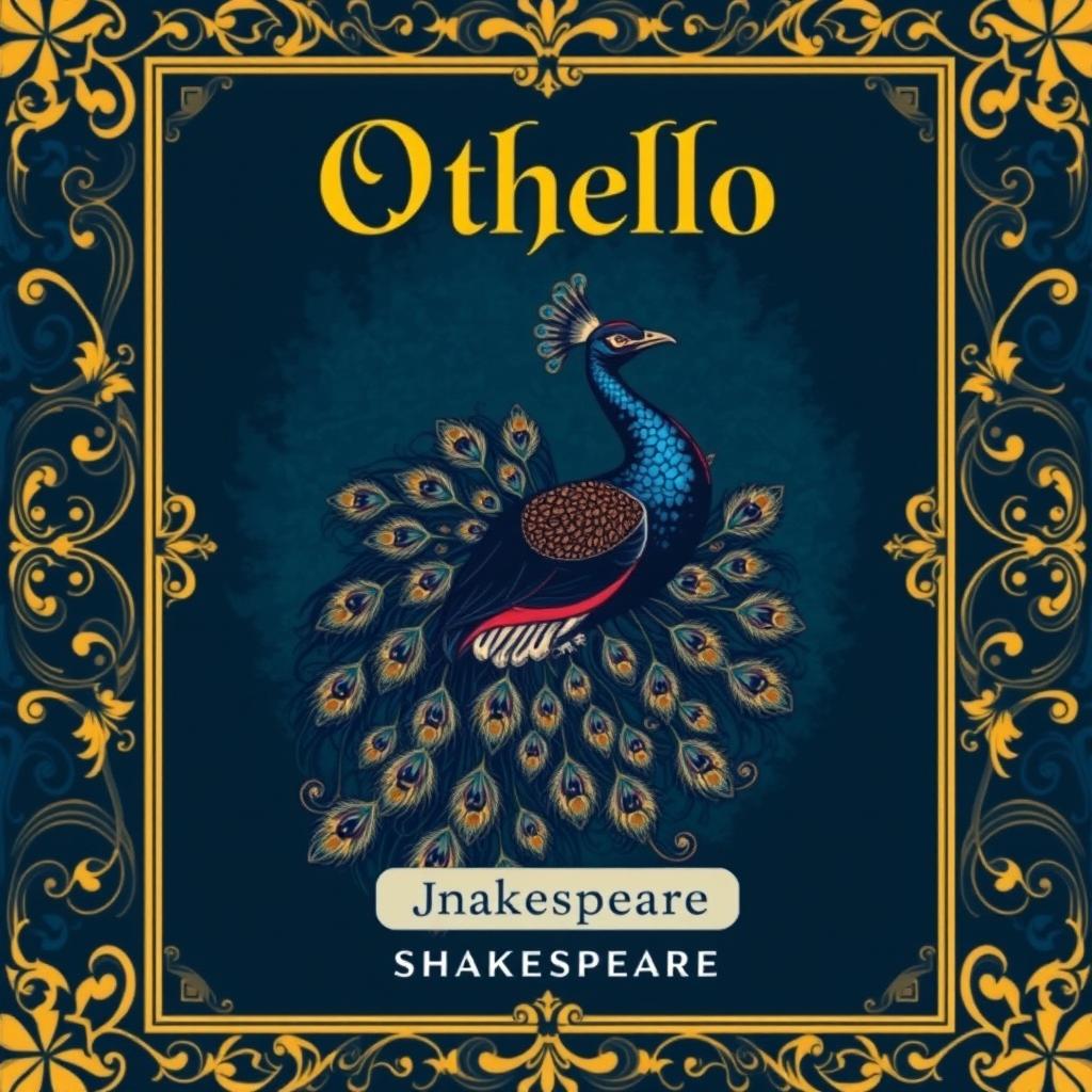 A cover design for Shakespeare's play 'Othello', featuring a powerful and stylized illustration of a peacock, symbolizing jealousy and beauty