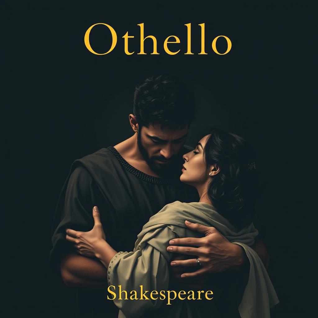 A poignant cover design for Shakespeare's play 'Othello', depicting Othello holding his wife Desdemona in his arms, with tears streaming down his face, expressing profound sorrow and regret