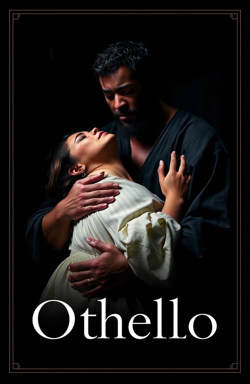 A dramatic cover for the play 'Othello', featuring Othello holding his wife Desdemona in a dark, moody environment