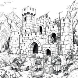 A detailed black and white drawing of a group of dwarves constructing a well-designed fort in a rugged, mountainous landscape