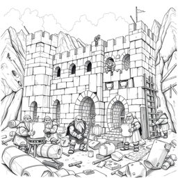 A detailed black and white drawing of a group of dwarves constructing a well-designed fort in a rugged, mountainous landscape