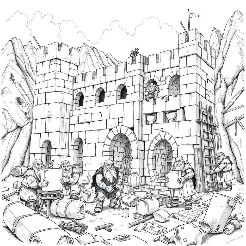 A detailed black and white drawing of a group of dwarves constructing a well-designed fort in a rugged, mountainous landscape