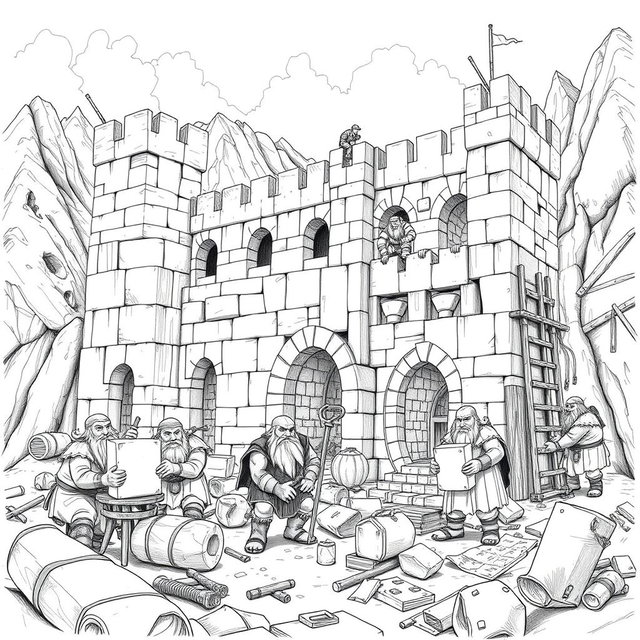 A detailed black and white drawing of a group of dwarves constructing a well-designed fort in a rugged, mountainous landscape