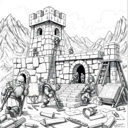 A detailed black and white drawing of a group of dwarves constructing a well-designed fort in a rugged, mountainous landscape