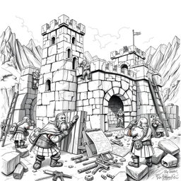 A detailed black and white drawing of a group of dwarves constructing a well-designed fort in a rugged, mountainous landscape