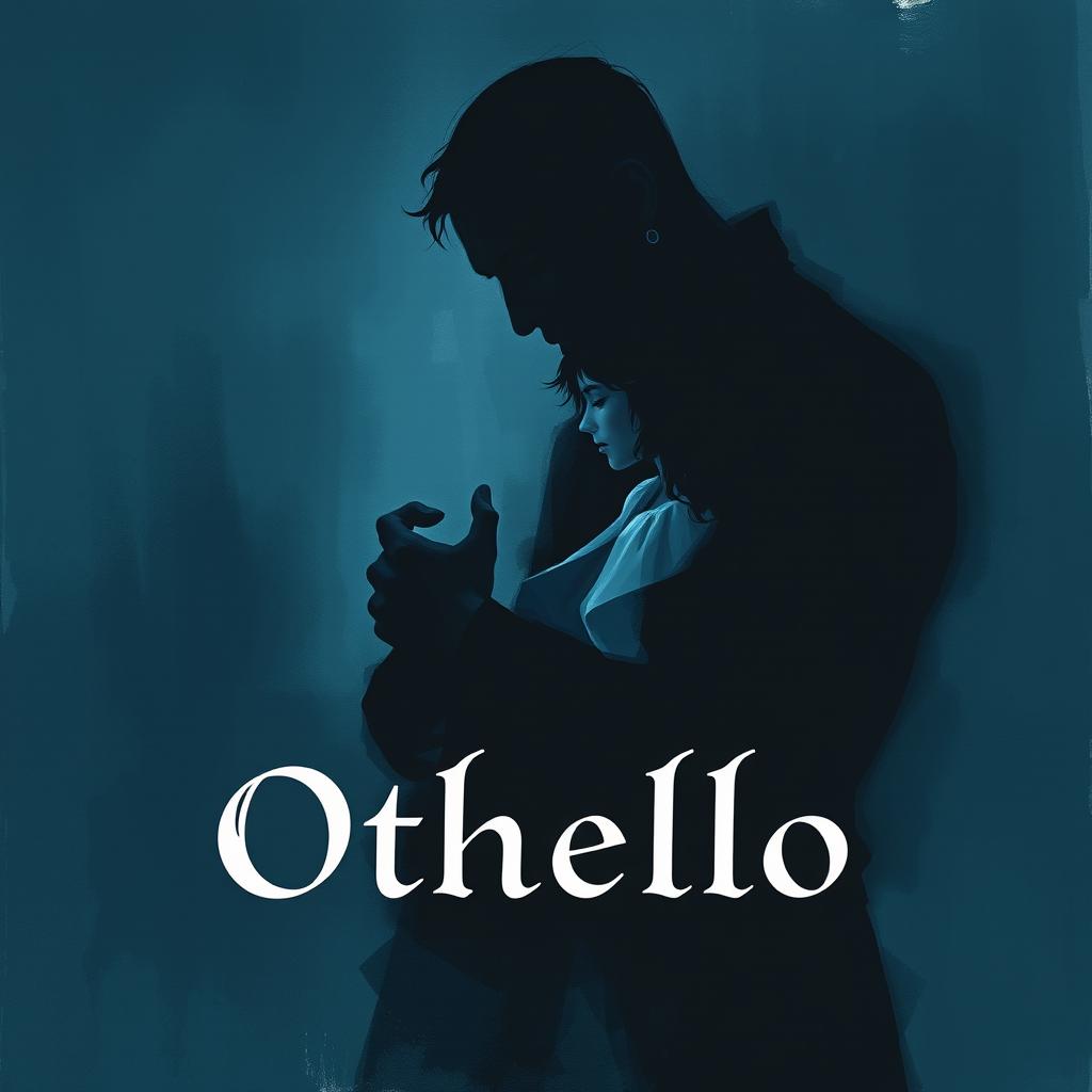 A stylized cover for the play 'Othello', depicting Othello holding his wife Desdemona in a dark, abstract interpretation