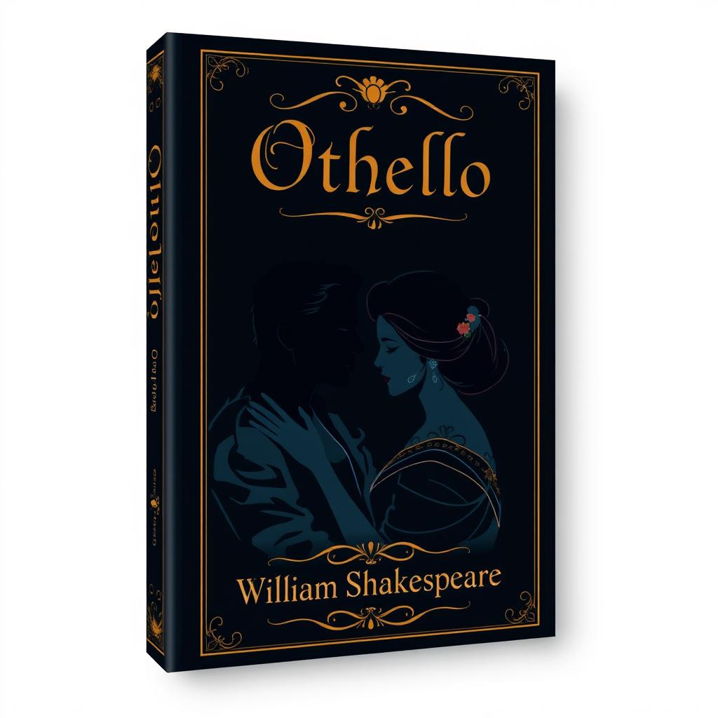 An elegant book cover design for Shakespeare's 'Othello', featuring a dramatic and somber color palette of dark blues and blacks, with hints of gold accents
