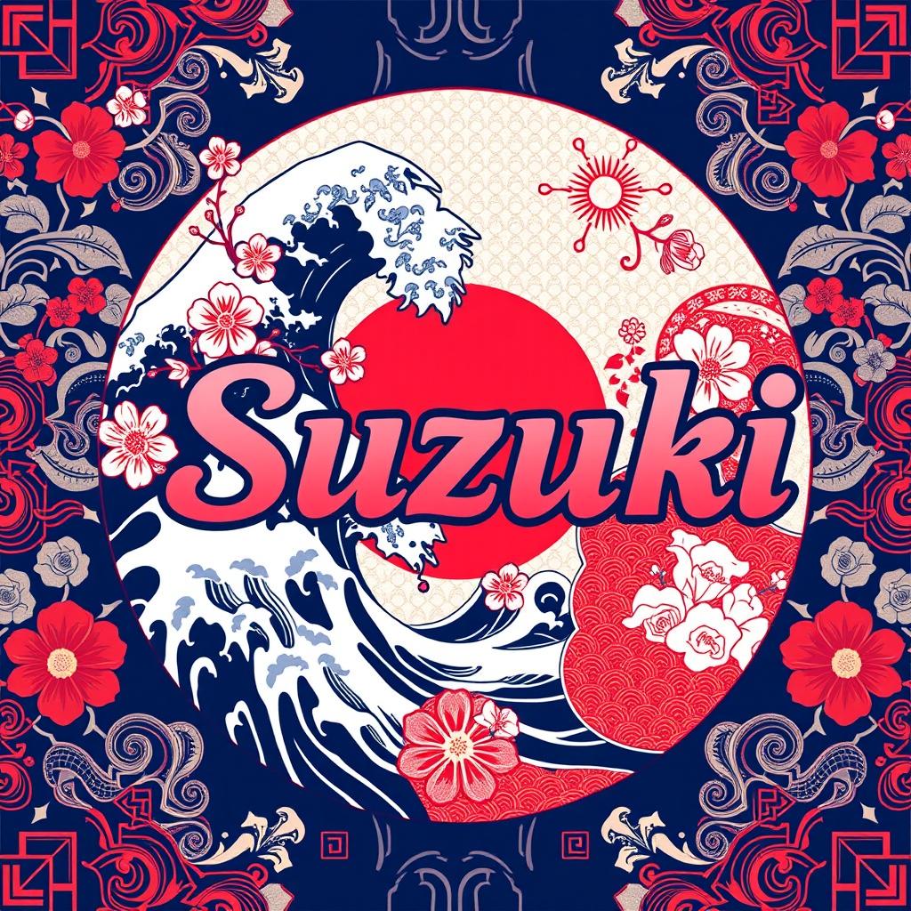 A beautiful graphic motif featuring the name 'Suzuki' integrated seamlessly into the design, surrounded by intricate patterns inspired by Japanese culture