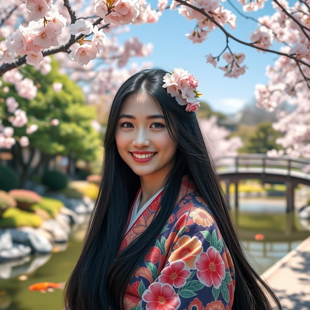 A portrait of a striking Japanese woman named Suzuki, with long, flowing black hair adorned with cherry blossoms