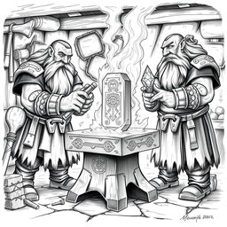 A detailed black and white drawing of three dwarven blacksmiths working collaboratively at a forge to craft a magical two-handed hammer