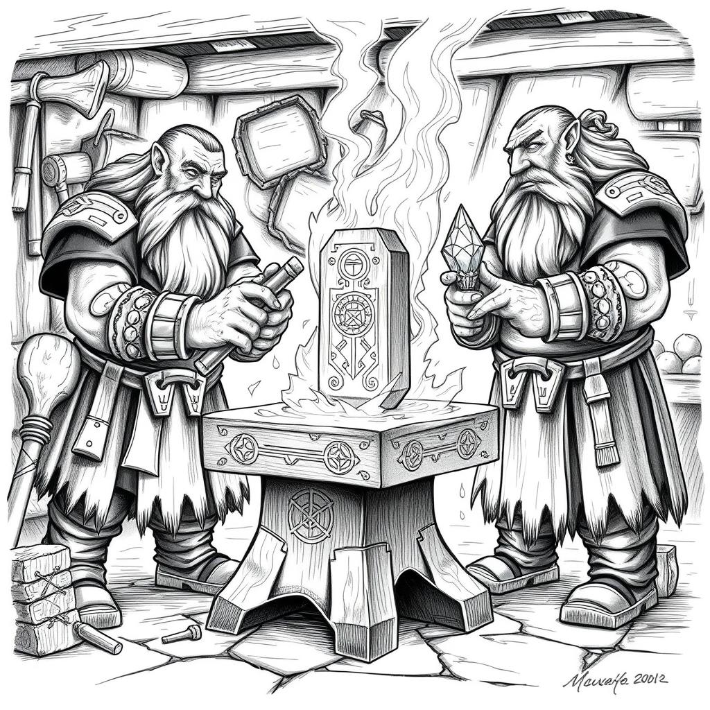 A detailed black and white drawing of three dwarven blacksmiths working collaboratively at a forge to craft a magical two-handed hammer