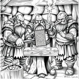 A detailed black and white drawing of three dwarven blacksmiths working collaboratively at a forge to craft a magical two-handed hammer