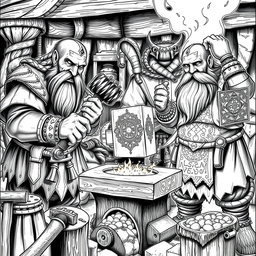 A detailed black and white drawing of three dwarven blacksmiths working collaboratively at a forge to craft a magical two-handed hammer