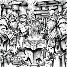 A detailed black and white drawing of three dwarven blacksmiths working collaboratively at a forge to craft a magical two-handed hammer