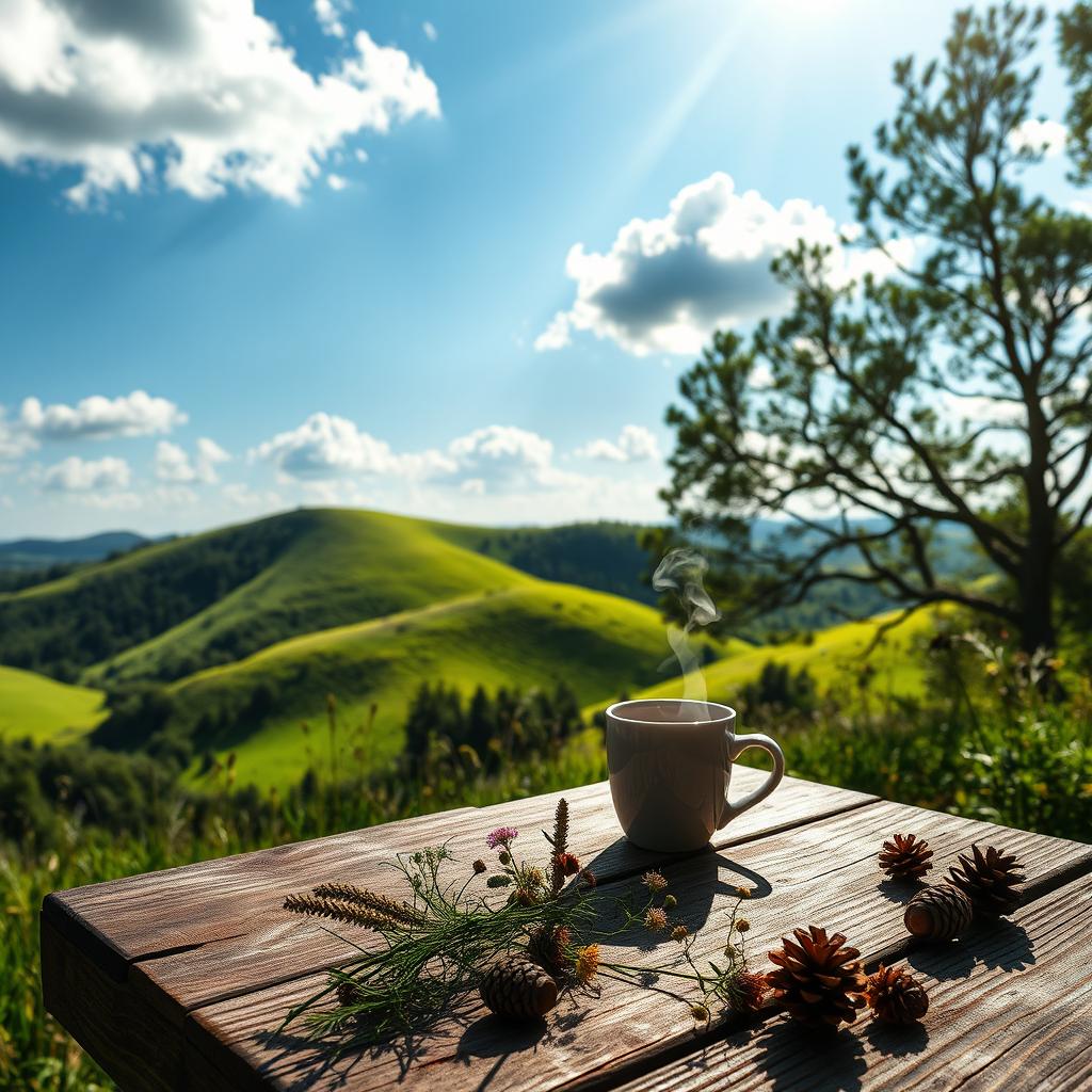 A serene natural landscape depicting lush green hills under a clear blue sky, with gentle sunlight streaming through fluffy white clouds
