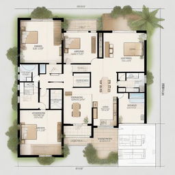 A house plan showcasing a simplistic design featuring three bedrooms, a kitchen connected to the dining room, and entrances from both the front and the back of the house.