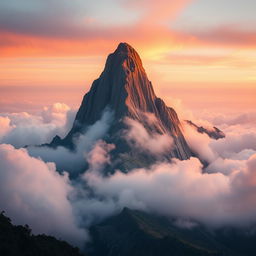 A tall mountain rising majestically above fluffy clouds, with a dramatic sky painted in soft hues of orange and pink at sunset
