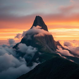 A tall mountain rising majestically above fluffy clouds, with a dramatic sky painted in soft hues of orange and pink at sunset