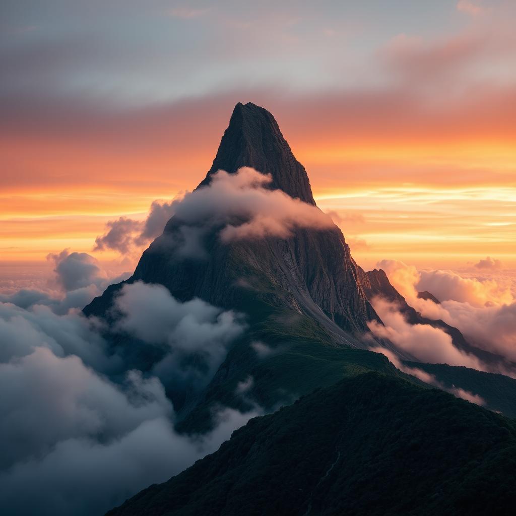 A tall mountain rising majestically above fluffy clouds, with a dramatic sky painted in soft hues of orange and pink at sunset