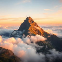 A tall mountain rising majestically above fluffy clouds, with a dramatic sky painted in soft hues of orange and pink at sunset