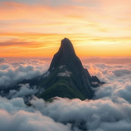 A tall mountain rising majestically above fluffy clouds, with a dramatic sky painted in soft hues of orange and pink at sunset