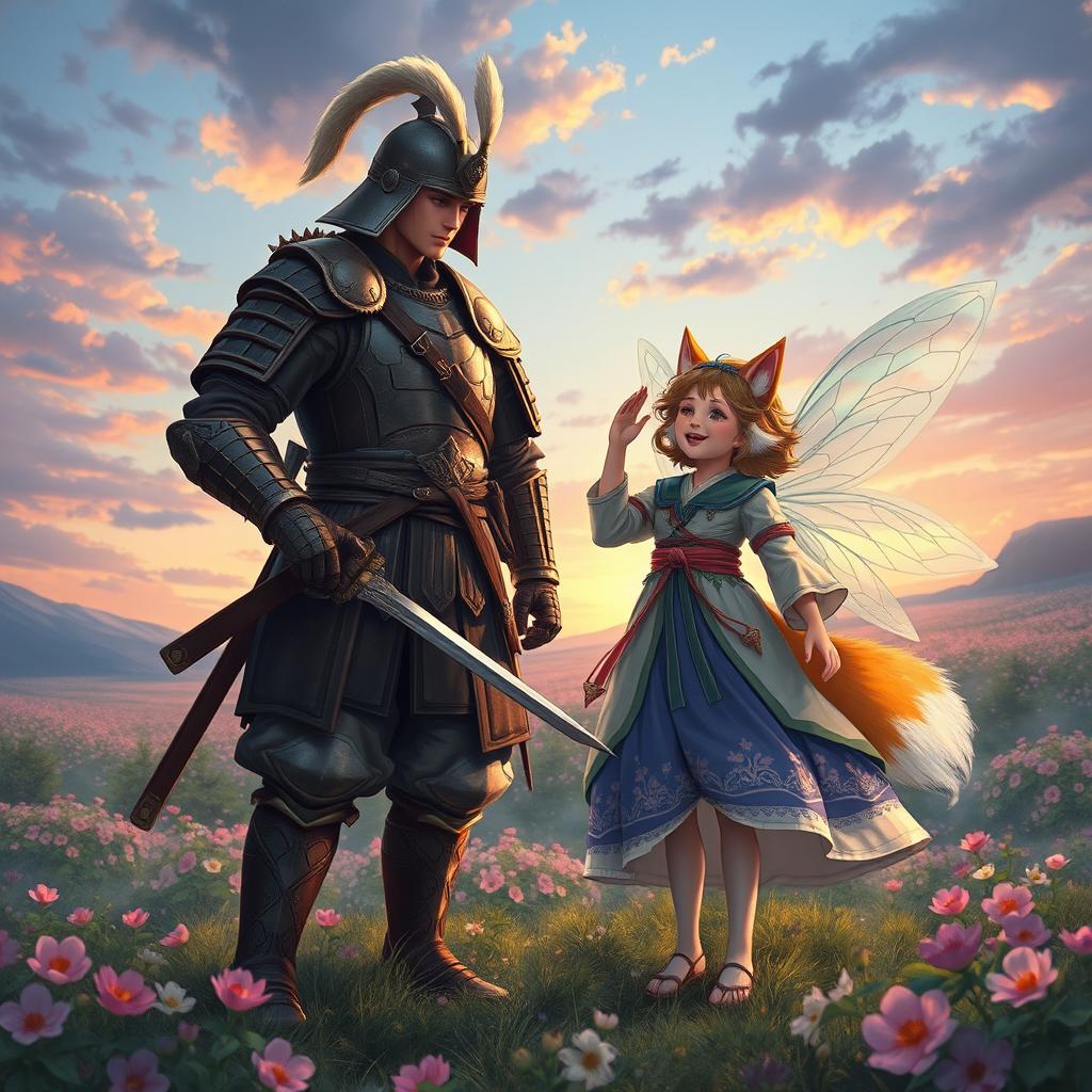 A brave warrior in traditional armor stands heroically on a vibrant battlefield, with a mystical, fairy-like girl resembling a Shiba Inu beside him, her attire flowing ethereally, showcasing elements of nature
