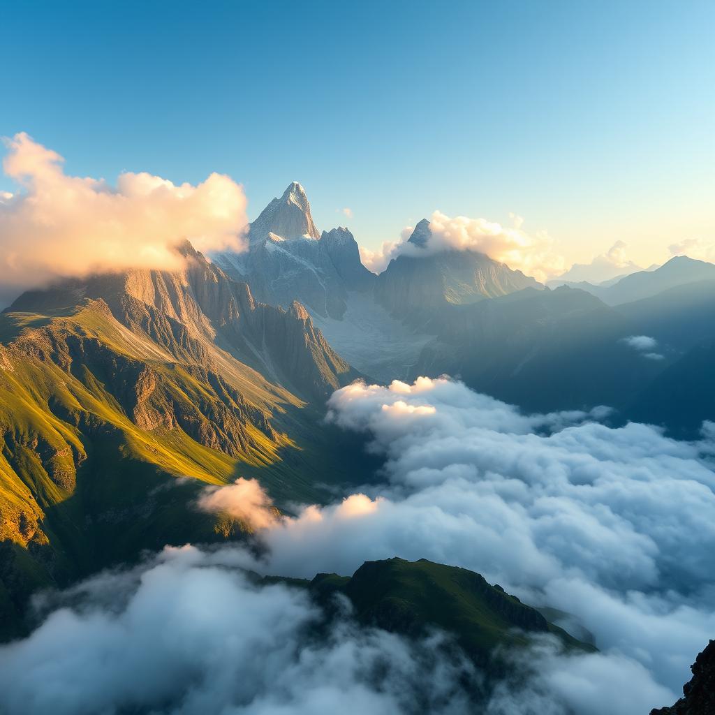 A breathtaking landscape of towering mountains rising majestically above the clouds, showcasing sharp peaks and lush green slopes