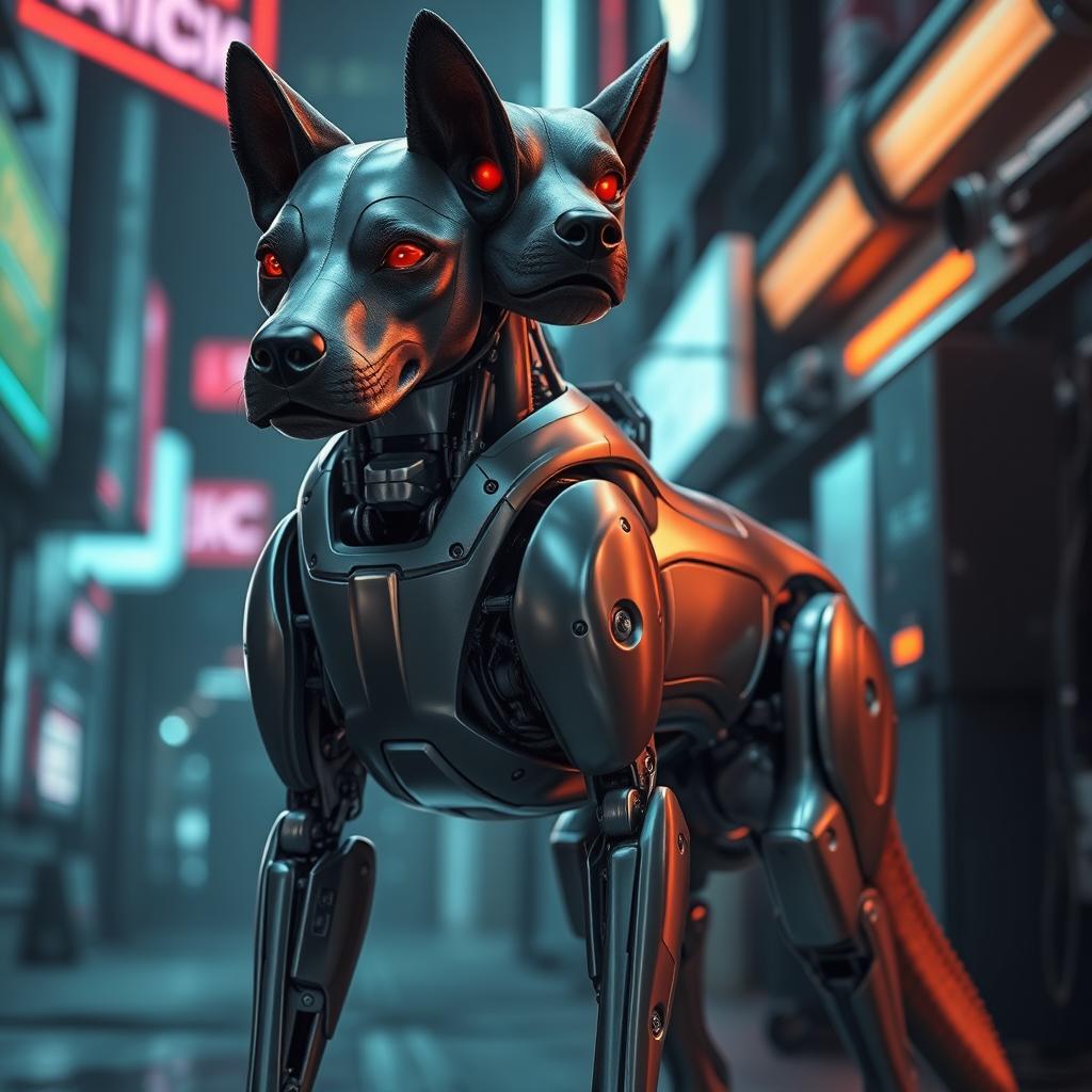 A half dog, half robot Terminator creature standing heroically, with a sleek metallic body seamlessly fused with organic dog features