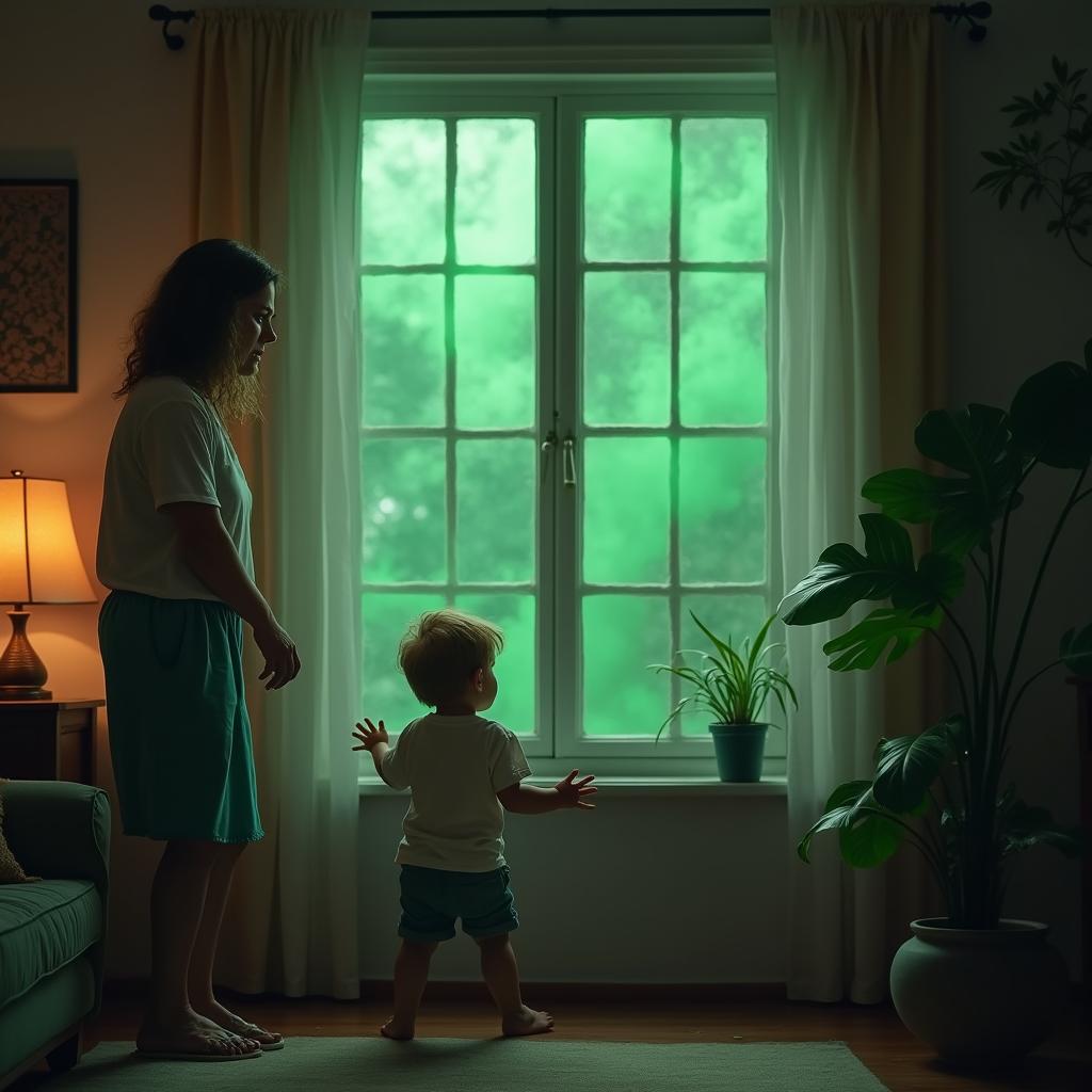 A scene inside a cozy living room showing a window with a mysterious green fog swirling outside, creating an eerie atmosphere