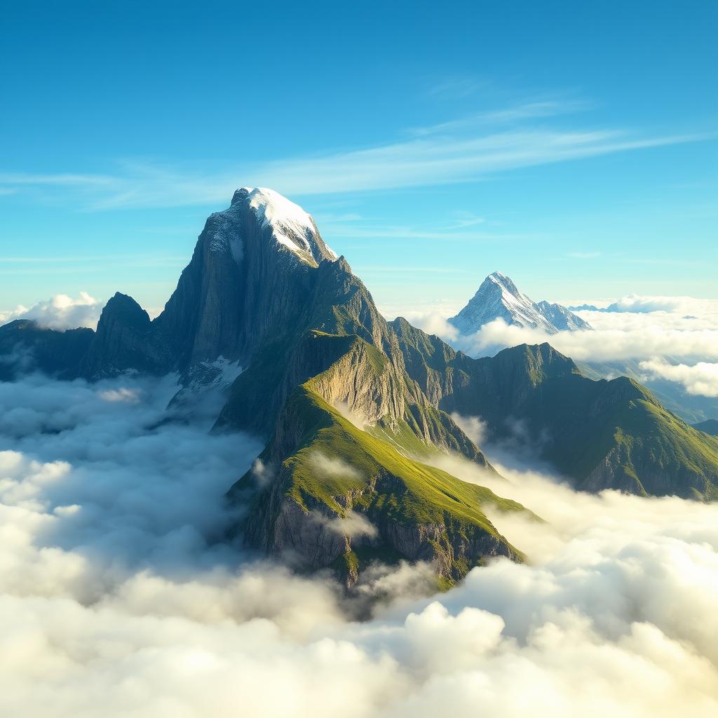 A breathtaking view of towering mountains rising majestically above a sea of fluffy white clouds